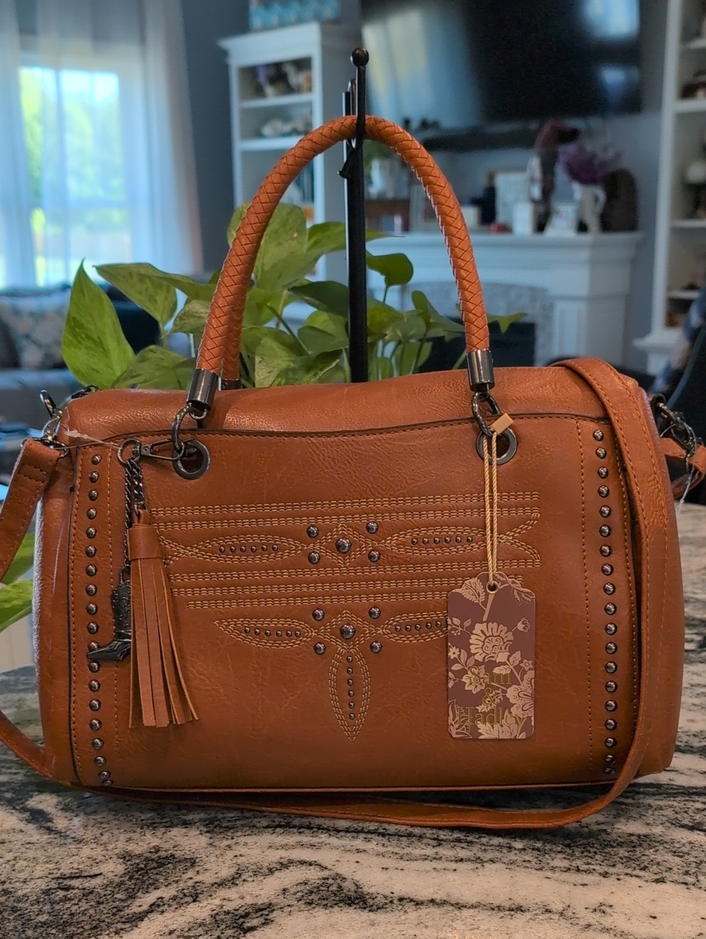 Cognac Studded & Stitched Pattern Satchel W/Tassel And Gunmetal Boot Charm